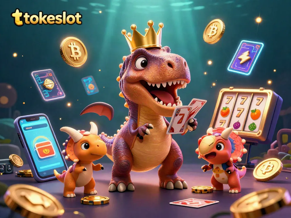 TokeSlot's vibrant casino scene with T-Rex playing cards, highlighting fun gambling dynamics.