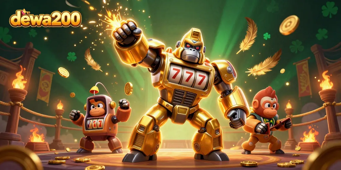 Gorila emas mech bertransformasi di arena kasino dewa200 dengan efek dramatis.