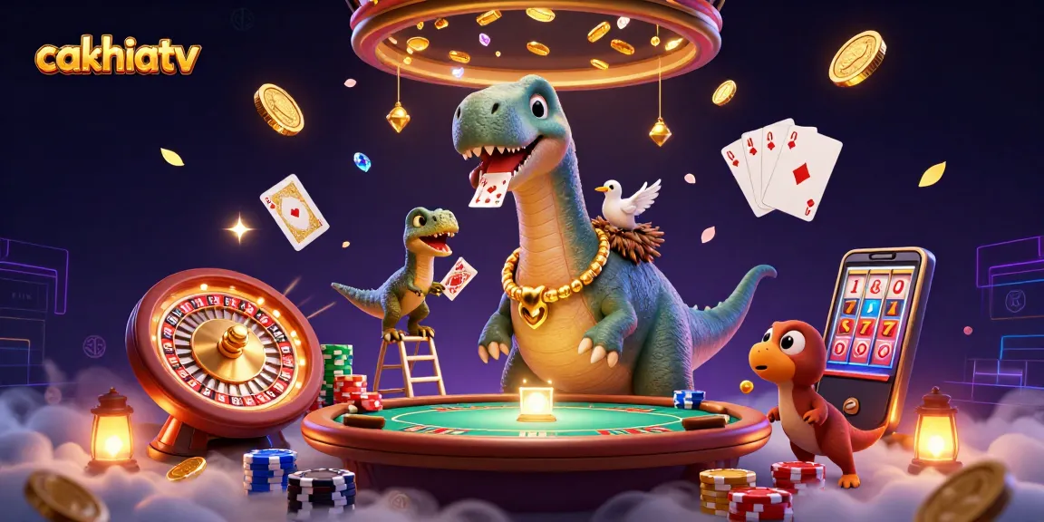 Experience excitement on cakhiatv with a giant brontosaurus overseeing vibrant card games.