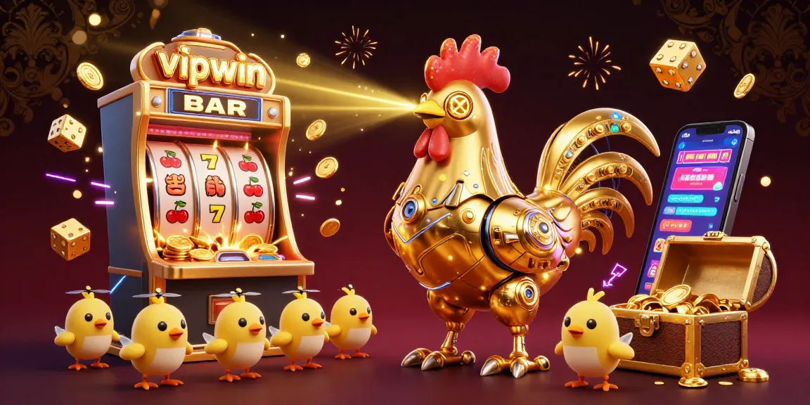 Engage with vipwin's thrilling casino adventure featuring a cosmic rooster robot and jackpot explosions.