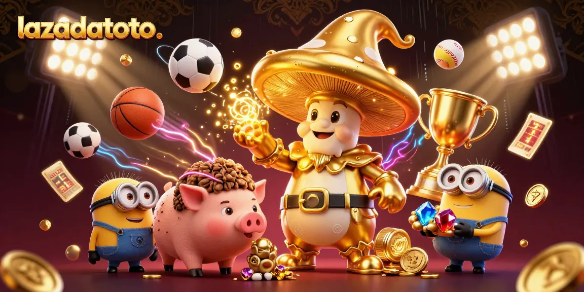 Lazadatoto enchantingly unveils a dynamic gambling scene featuring a golden mushroom wizard, sports elements, and treasure.