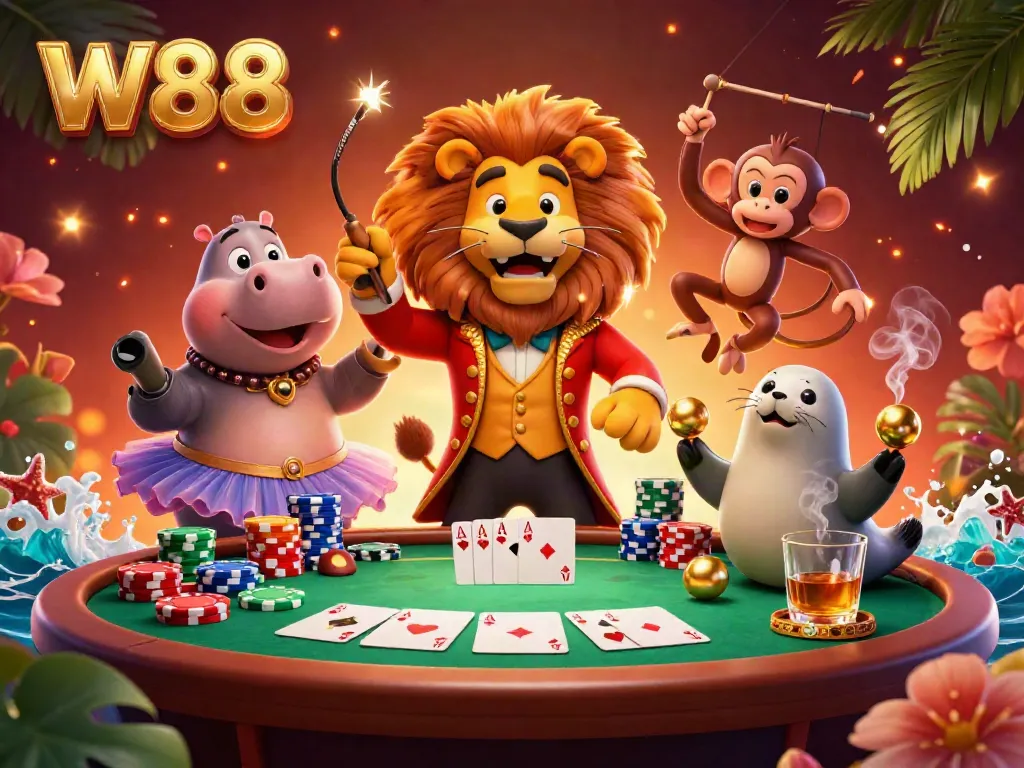 Experience the thrill of W88 with vibrant casino action, featuring a lively circus scene with poker elements.