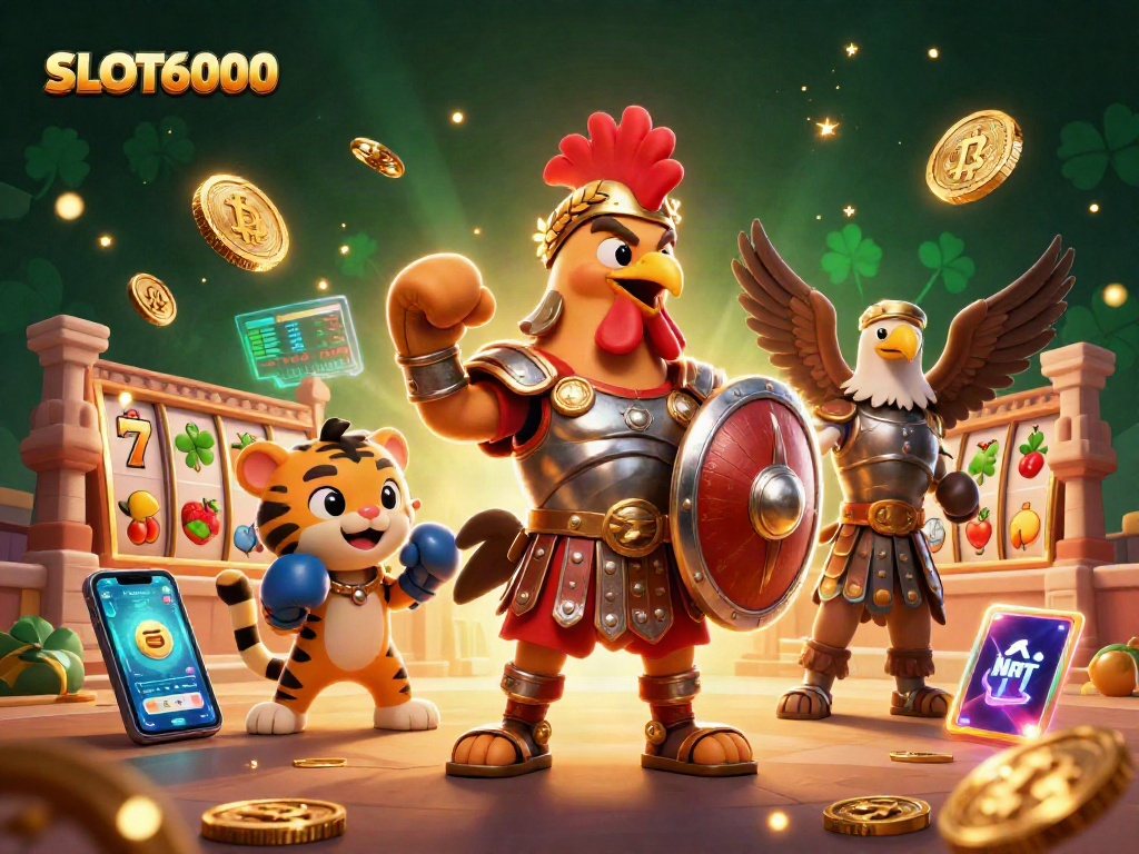 SLOT6000 showcases an animated gladiator rooster themed around casino slots, featuring vibrant gameplay elements.