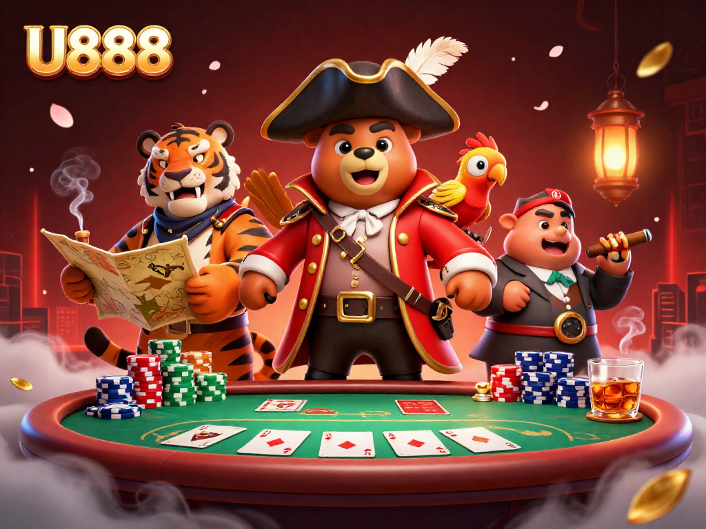 Experience thrilling U888 gaming with an adventurous pirate bear and companions at a vibrant poker table.