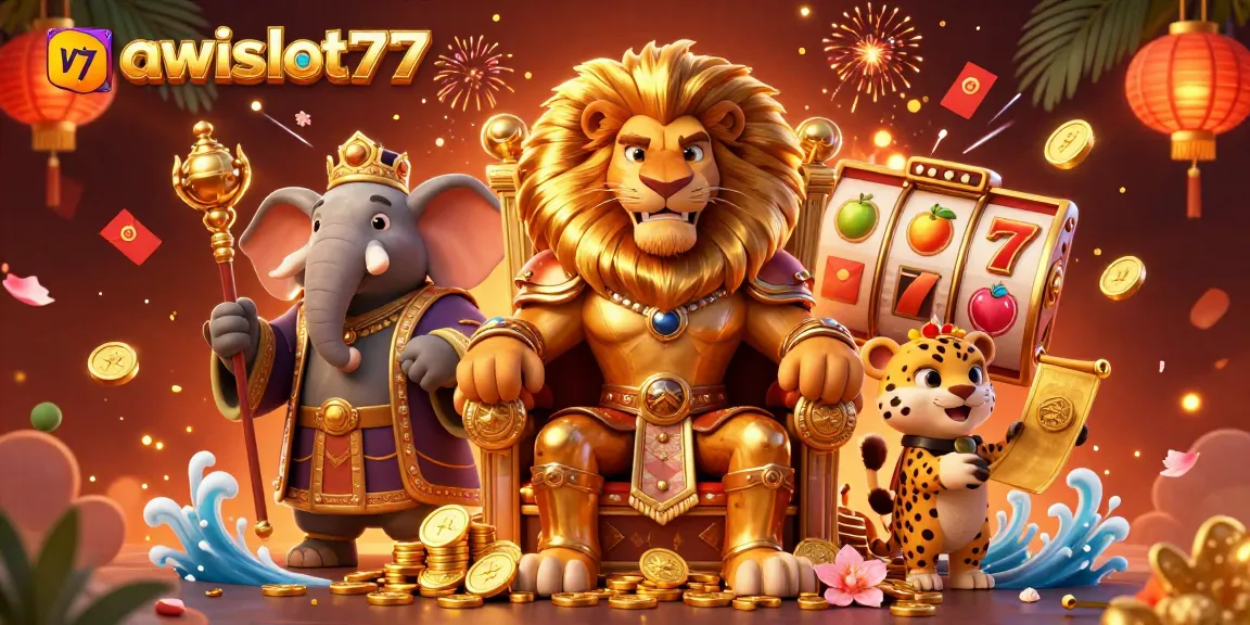 A thrilling awslot777 casino scene with a lion king, elephant advisor, and cheetah messenger among spinning slot elements.