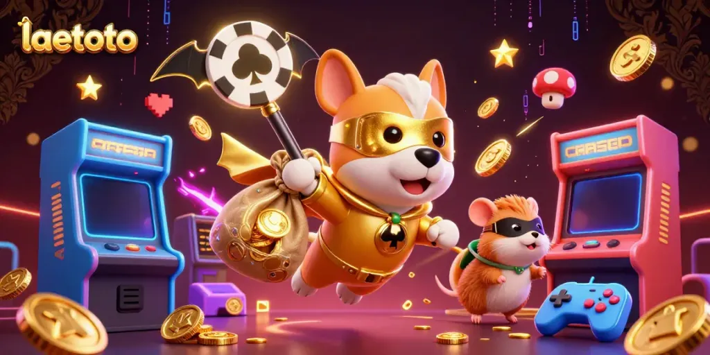 Laetoto menghujani jackpot dengan koin emas dan karakter kartun yang menghibur
