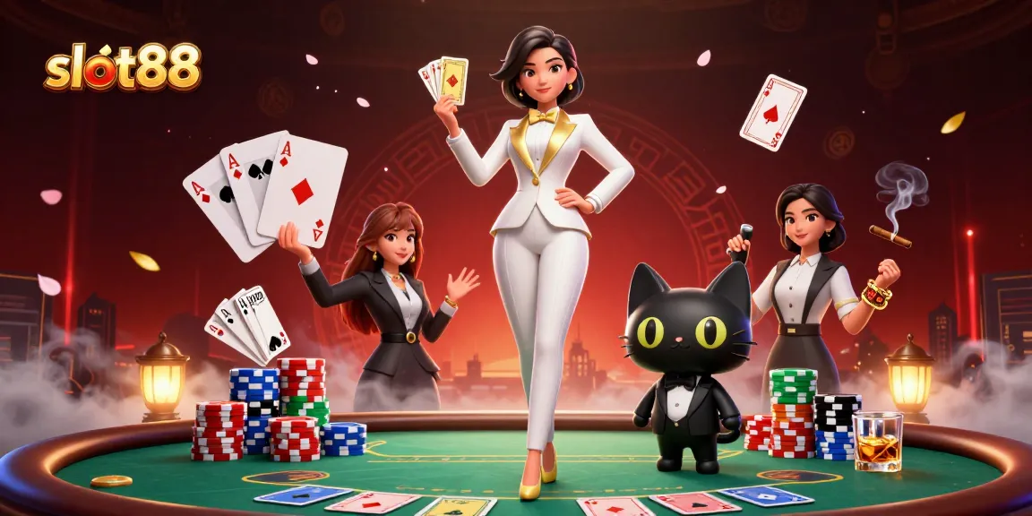 Experience thrilling gameplay at slot88 with a glamorous dealer, poker chips, and vibrant casino atmosphere.