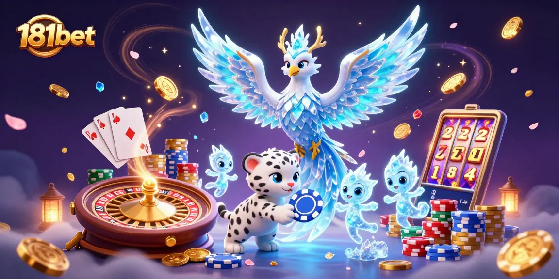 Experience the magic of 181bet with a snow leopard and luminous sprites in a vibrant casino scene.