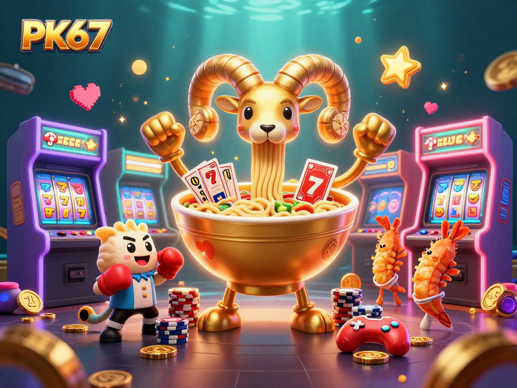 Play interactive casino games with PK67, featuring cartoon characters in a vibrant casino scene.