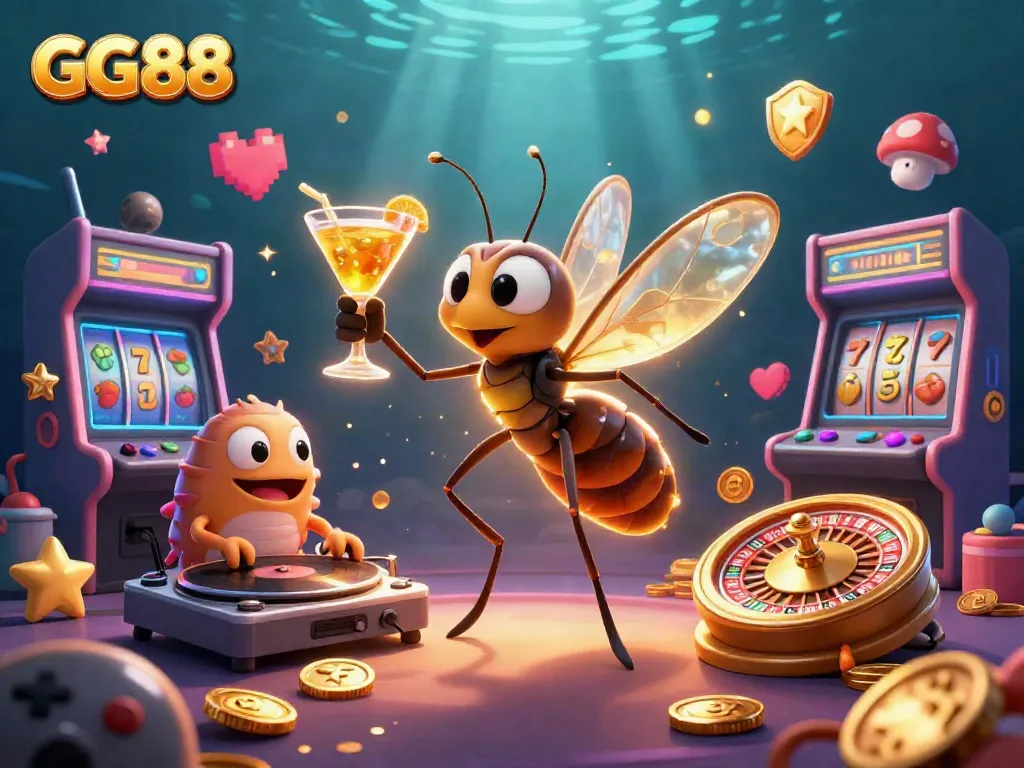 Engage with GG88's electrifying casino scene featuring a vibrant mosquito mascot and fossil-themed gaming elements.