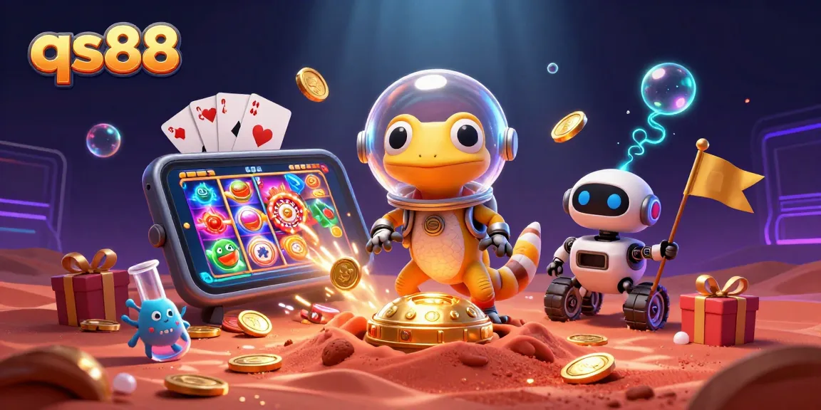Experience thrilling gameplay at qs88 with a cartoon Martian gecko discovering a golden casino.