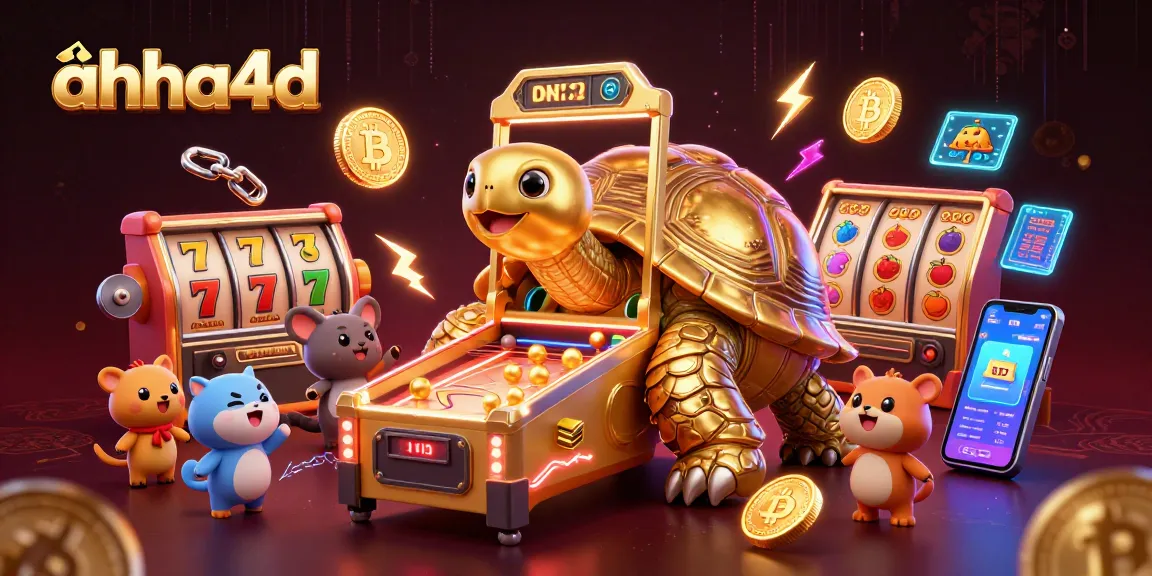 Engage with ahha4d's exciting slot game featuring a golden tortoise pinball machine, vibrant crypto elements.