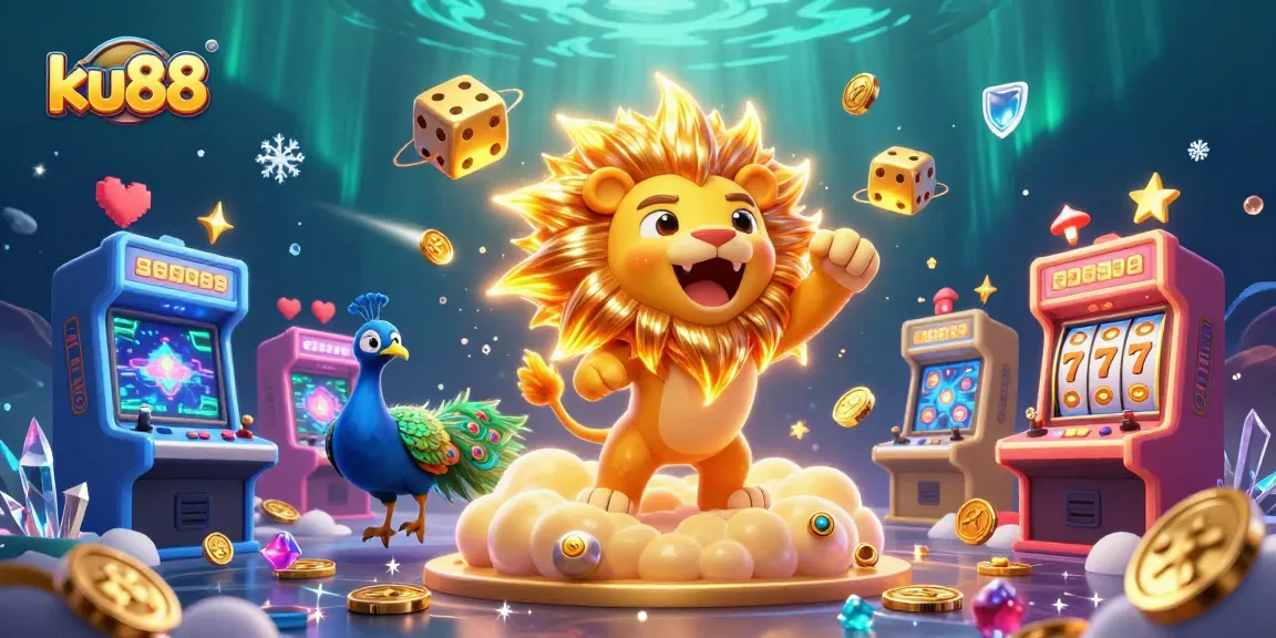ku88 offers thrilling gaming experience illustrated with a roaring sun lion and vibrant casino elements.