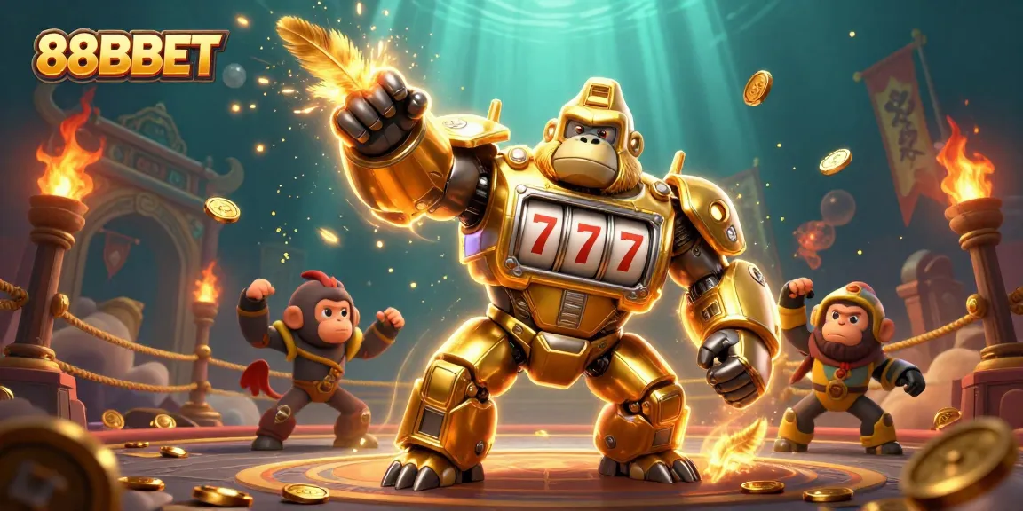 Experience explosive wins at 88BBET with a golden gorilla mech amidst classic casino elements.