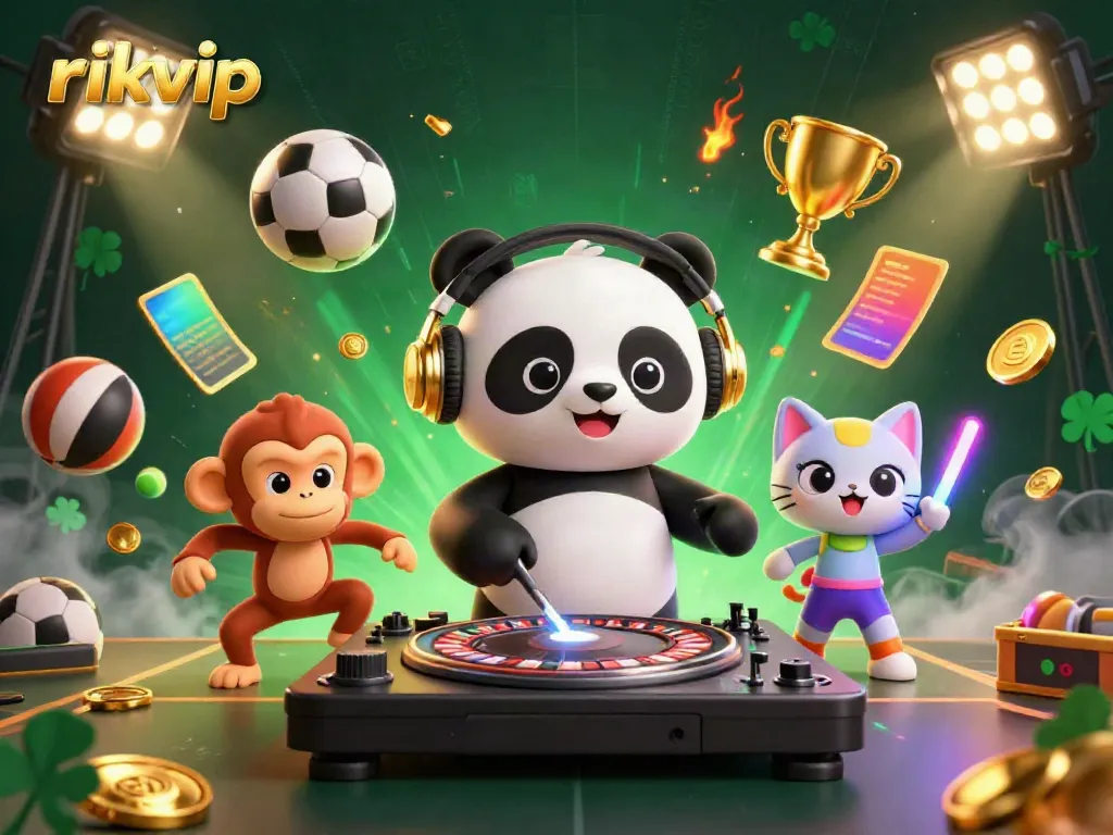 Experience the thrill of rikvip with the energetic DJ panda and casino elements surrounding them.