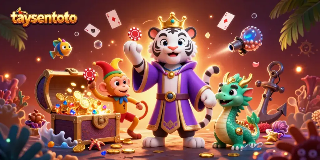 Taysentoto menyuguhkan ilustrasi 3D mengesankan dengan harimau putih dan monyet menghibur, dikelilingi elemen jackpot dari kasino.