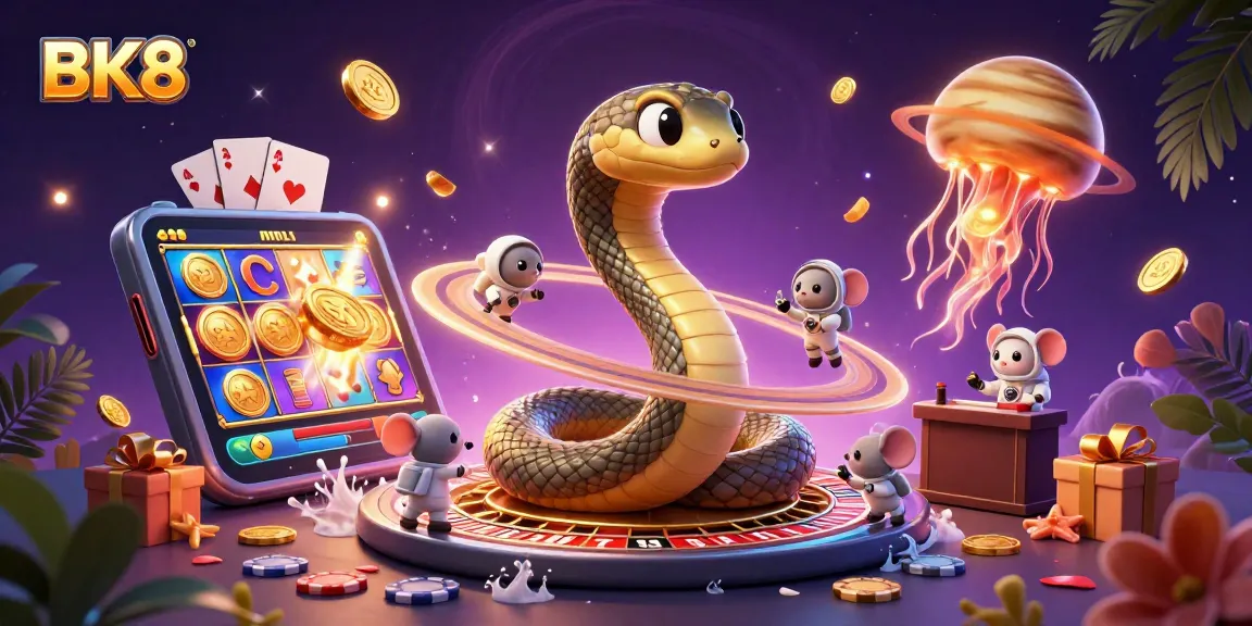 Experience thrilling gaming at BK8 with a cosmic casino vibe featuring Saturn snake and astronaut mice.