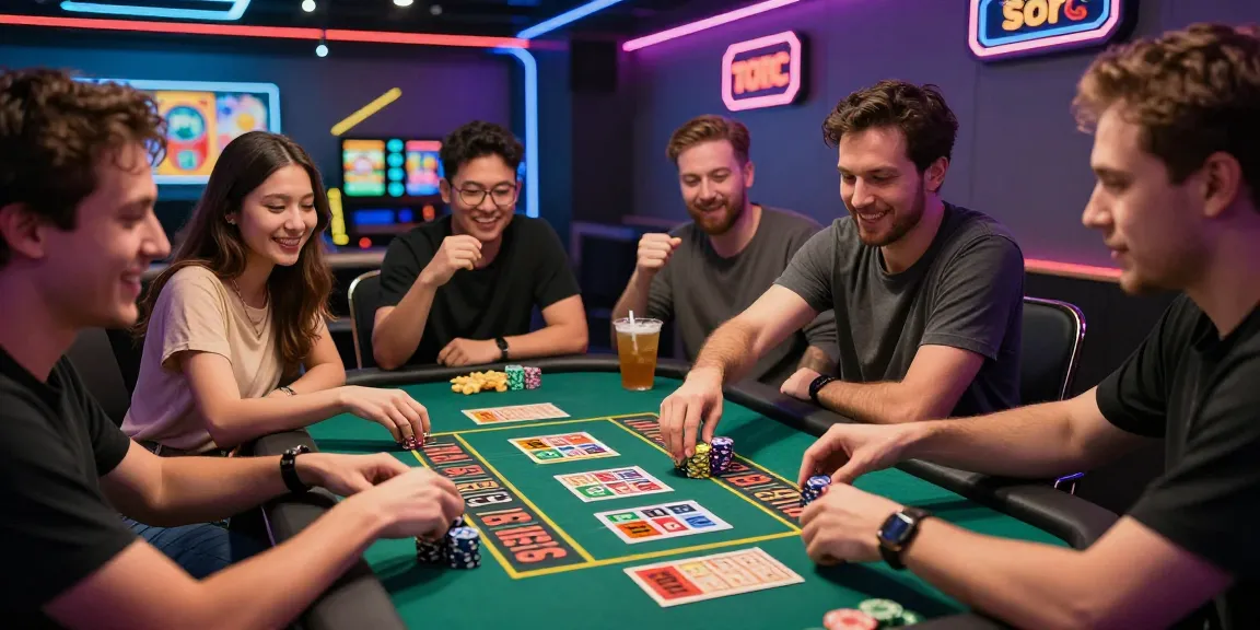 Rajatogel dalam suasana perjudian yang ceria, teman-teman bermain togel bersama di meja modern.