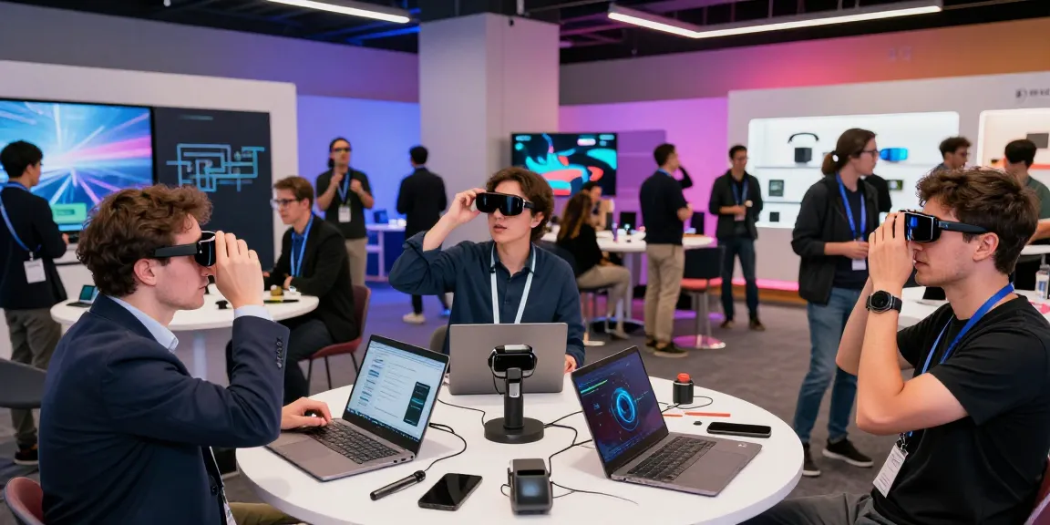 Attendees at a tech conference exploring new smart glasses technology and innovations.