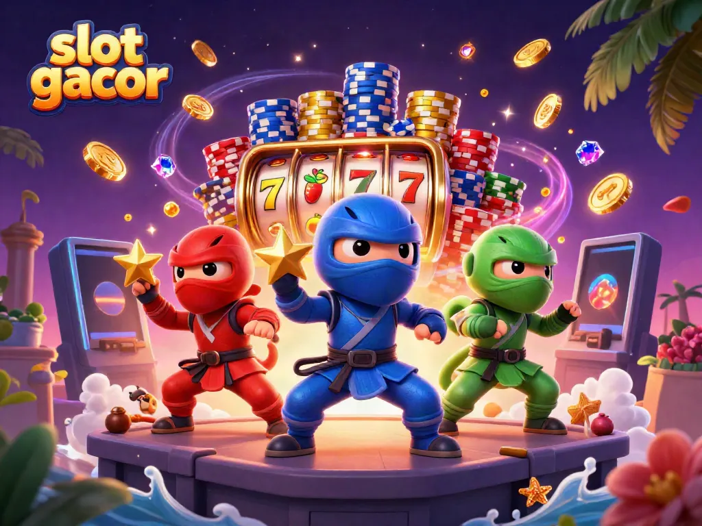 Engage with slot gacor gameplay featuring vibrant chameleon ninjas amidst a flurry of casino elements.