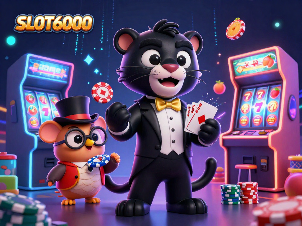 SLOT6000 gaming scene with a panther, owl, and mouse amidst vibrant 3D slots elements, showcasing colorful casino action.