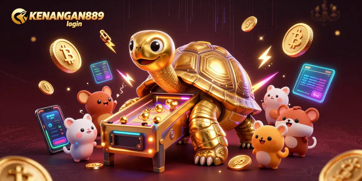 Engage with KENANGAN889 login at this lively casino scene with a golden tortoise and vibrant crypto elements.