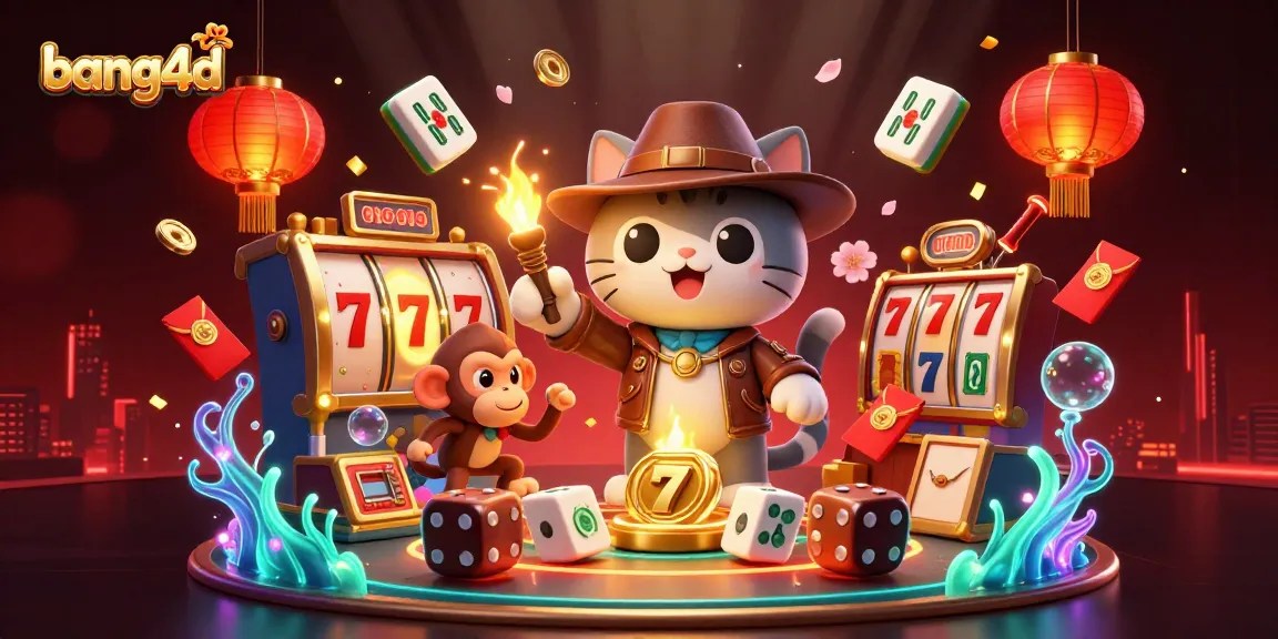 Join the excitement at bang4d as the archaeologist cat discovers a golden casino artifact amid vibrant slot game elements.