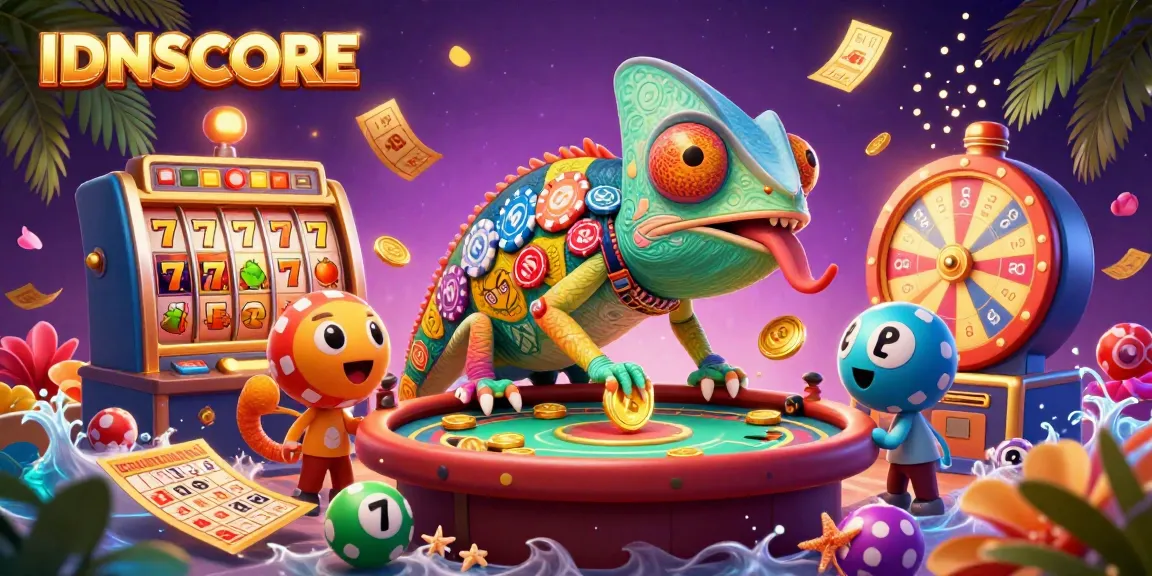 IDNSCORE captures an exciting gaming scene featuring a colorful chameleon casino owner amidst slot reels and lottery balls.