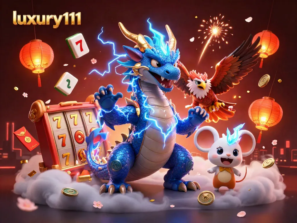 Experience thrilling action with luxury111 in this vibrant casino-themed illustration featuring dynamic slot reels.