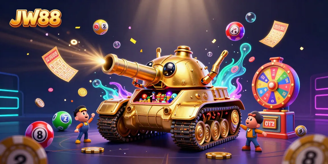 JW88 casino illustration depicting a golden tank revealing a vibrant mini-casino filled with games and lucky elements.