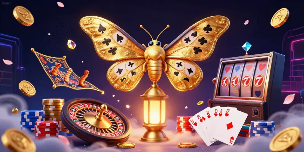 Engage with the vibrant ambience of xoso66nb, highlighted by a majestic moth and exciting casino elements.