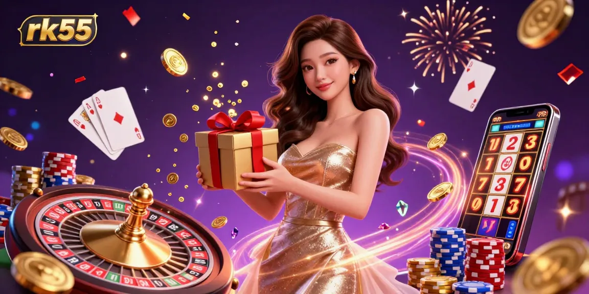 Experience the thrill of rk55 casino with golden coins, lucky cards, and festive energy in a vibrant 3D illustration.
