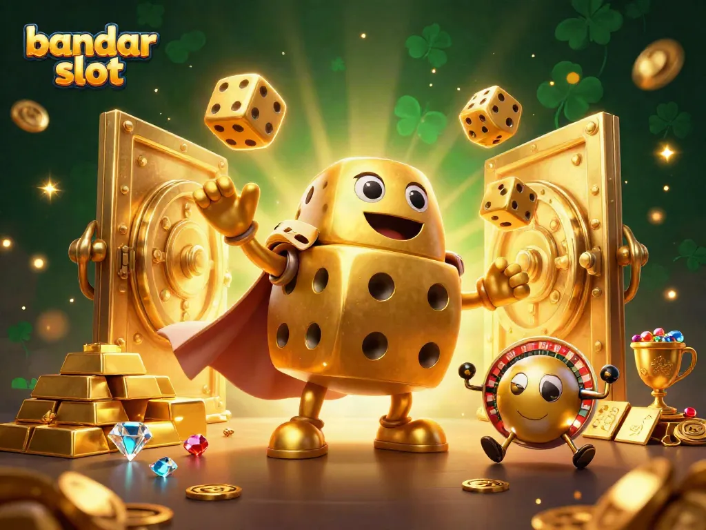 Gambarkan bandar slot dengan karakter dadu emas dan elemen kasino yang menarik.