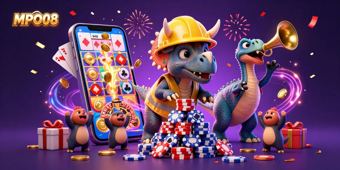 MPO08 showcases a vibrant slot gaming celebration scene with dynamic characters and festive elements.