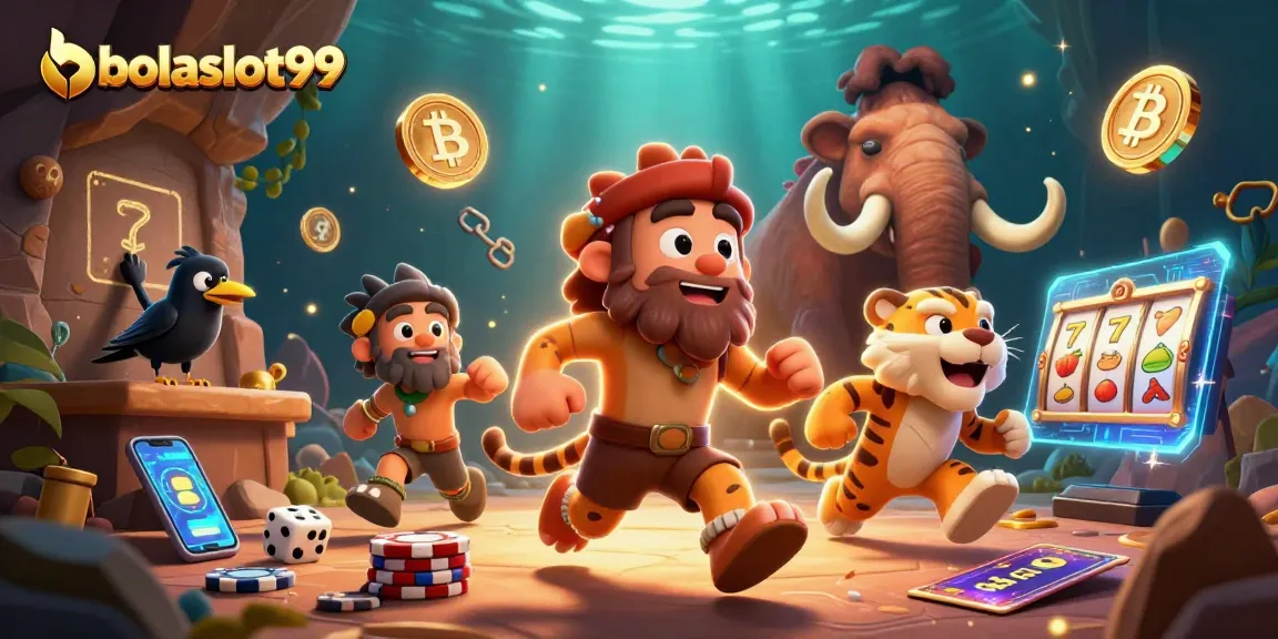 Bolaslot99 showcases a prehistoric casino scene with a caveman, sabertooth tiger, and crow amidst colorful crypto coins.