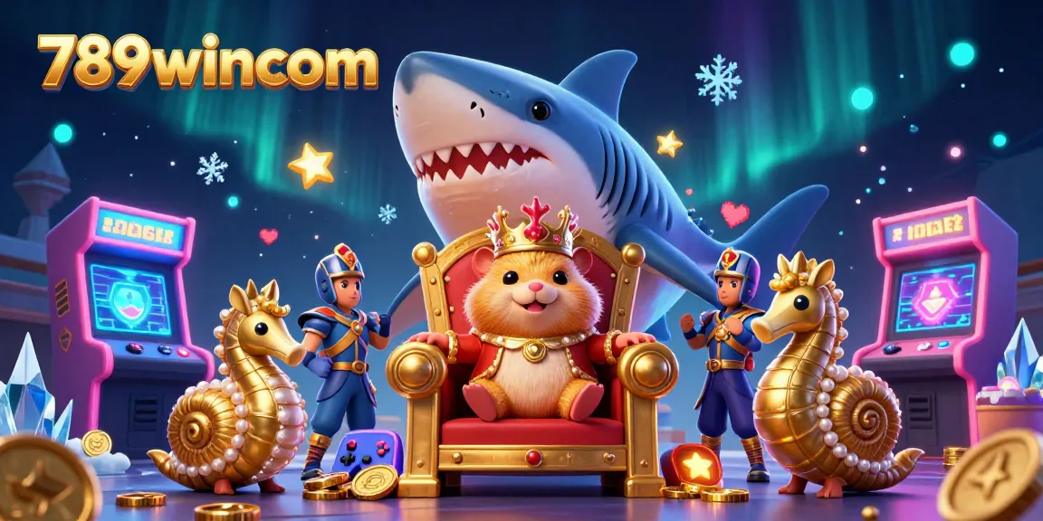 Experience thrilling gaming action with 789wincom's captivating casino atmosphere, featuring a dynamic scene of a golden hamster king.