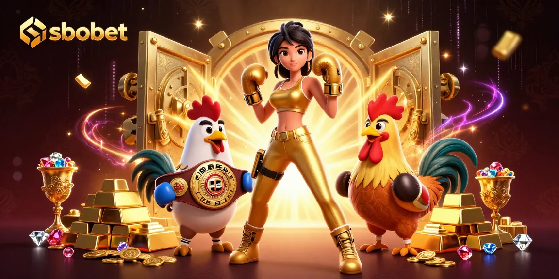 Enjoy sbobet gaming excitement with a champion woman and rooster amidst golden treasure.