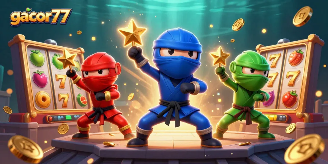 Gacor77 menggerakkan slot reel dengan ninja chameleon di antara koin emas dan simbol keberuntungan.