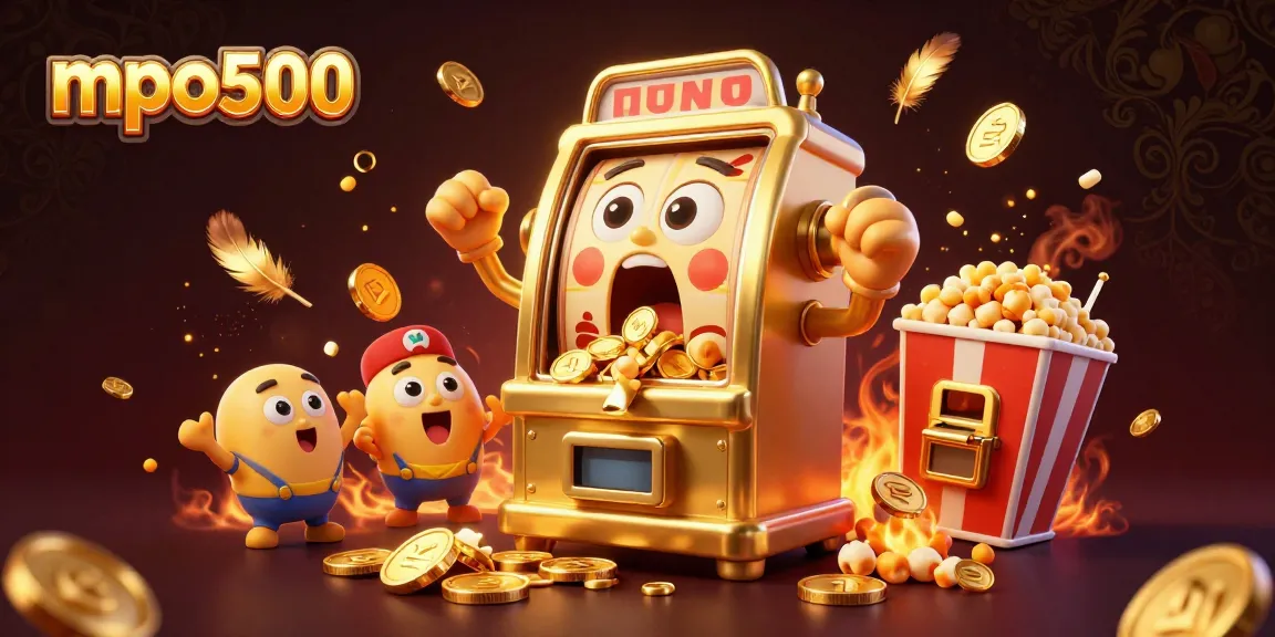 Mesin slot mpo500 memenangi jackpot dengan koin berhamburan, suasana kasino meriah.