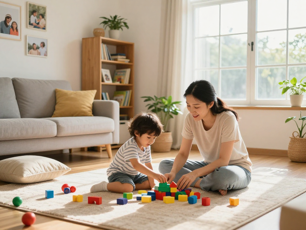 Engaging parenting activity at home featuring rokok88 with a mother and child playing together.