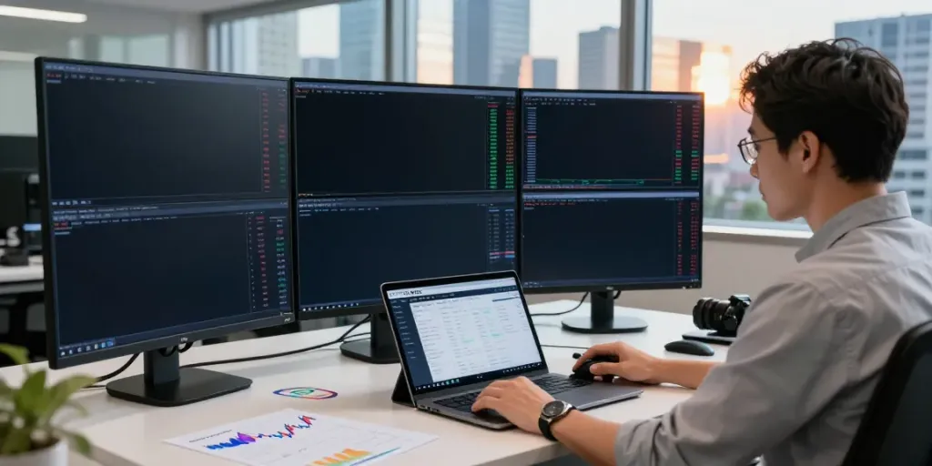 MEXC US Stocks trader analyzing market data in a vibrant office setting.