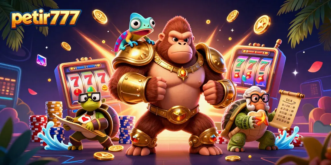 Engage with petir777 gameplay through a thrilling scene featuring a gorilla king, chameleon, and tortoise with casino elements.