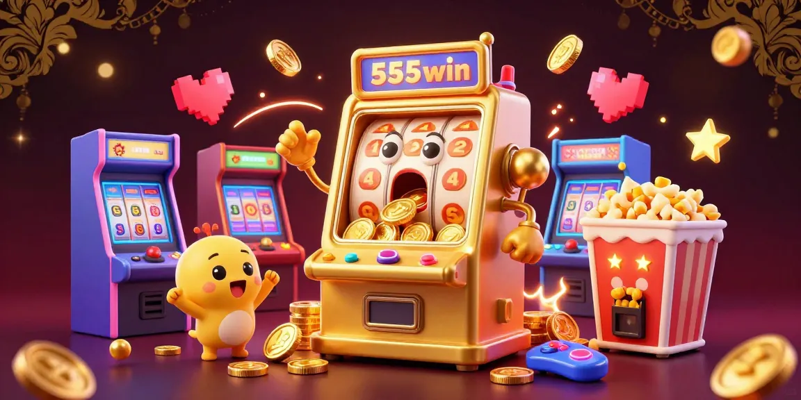 Experience the excitement of 555win with a golden slot machine winning a jackpot surrounded by cheerful game elements.