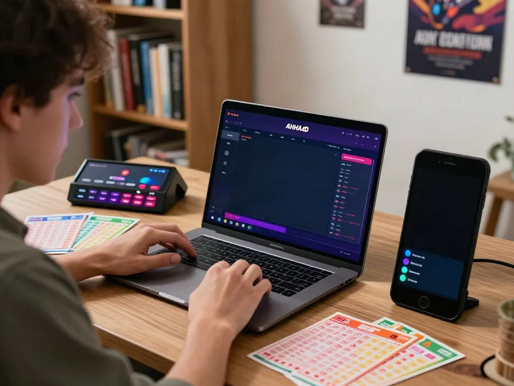 Pengguna AHHA4D yang terfokus menganalisis angka togel online di laptop dengan suasana kantor yang nyaman.