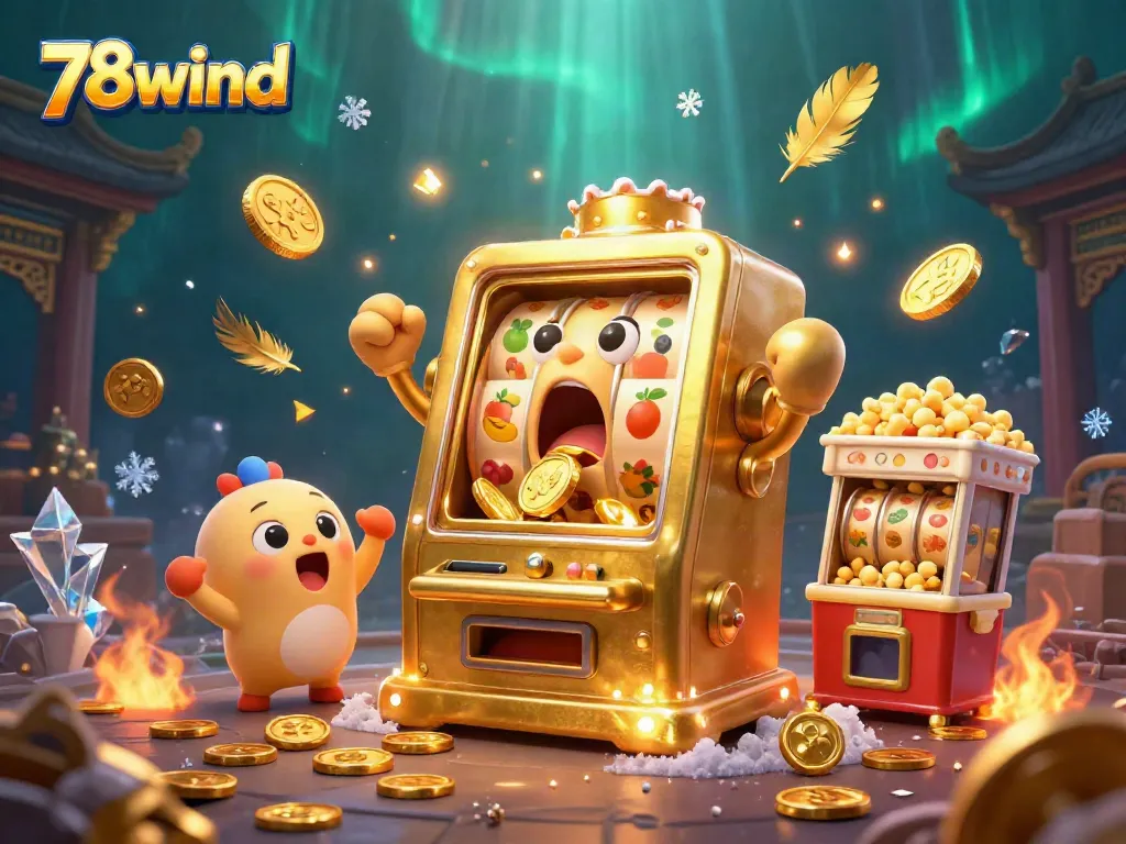 Win big at 78wind with a lively scene featuring a slot machine jackpot celebration.