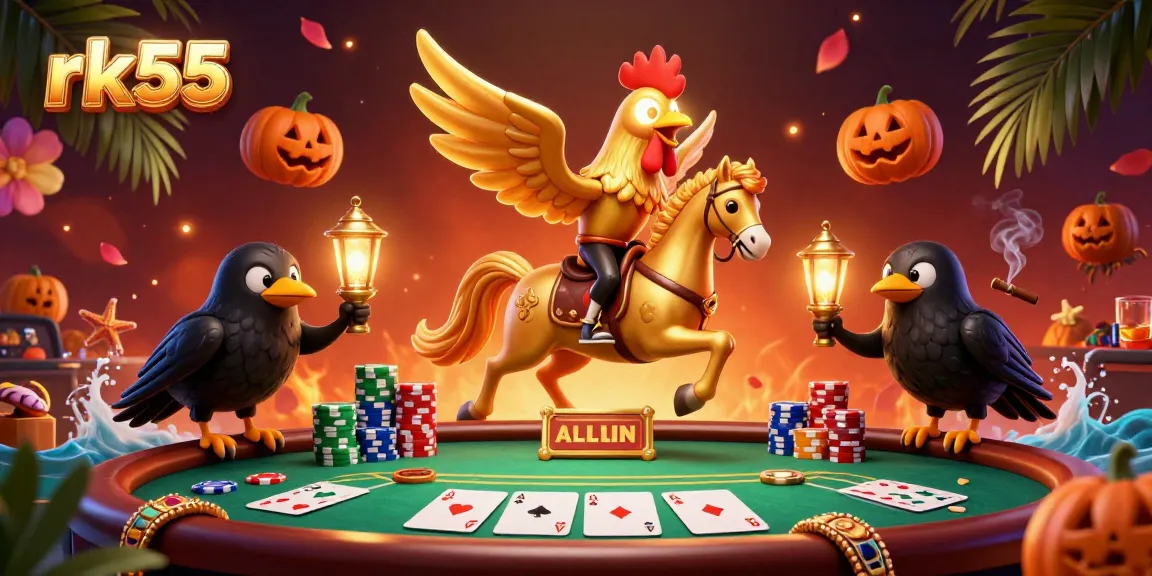 Experience vibrant gaming with rk55 featuring a golden rooster riding a spectral horse in a lively casino.