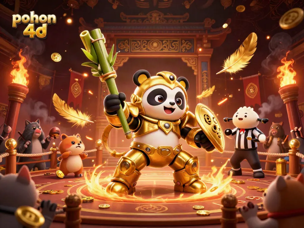 Pohon 4D showcases a mecha panda battling in a vibrant casino arena filled with golden tokens.