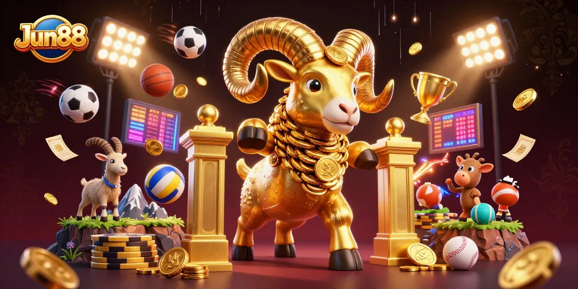 Engage in thrilling casino action with Jun88, featuring vibrant golden ram and dynamic sports elements.