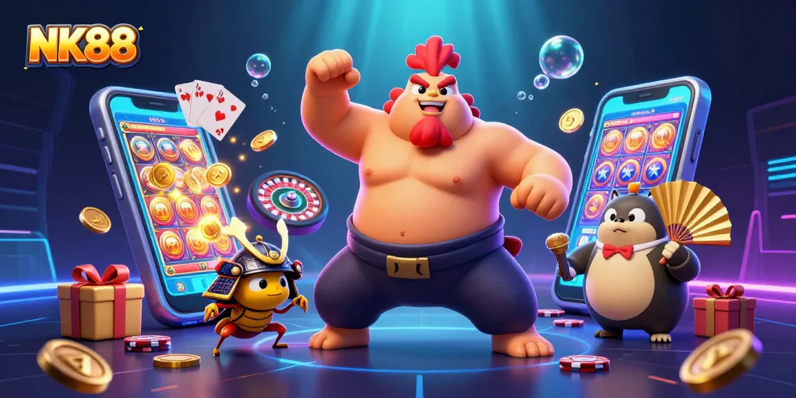 NK88 features a powerful sumo rooster stomping amidst dynamic casino elements like slot games and poker cards.