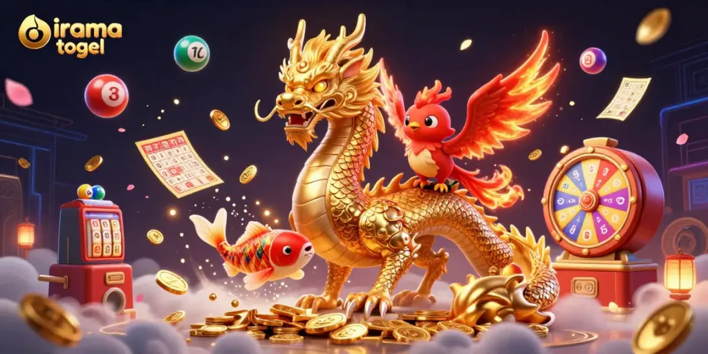 Win at irama togel with vibrant colorful lottery elements and mythical creatures in a dynamic scene.
